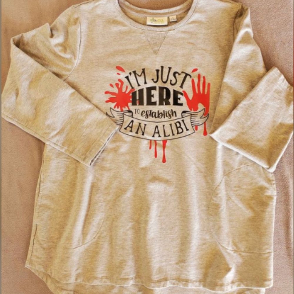 Women's Long Sleeve Graphic Sweatshirt - Here for Alibi